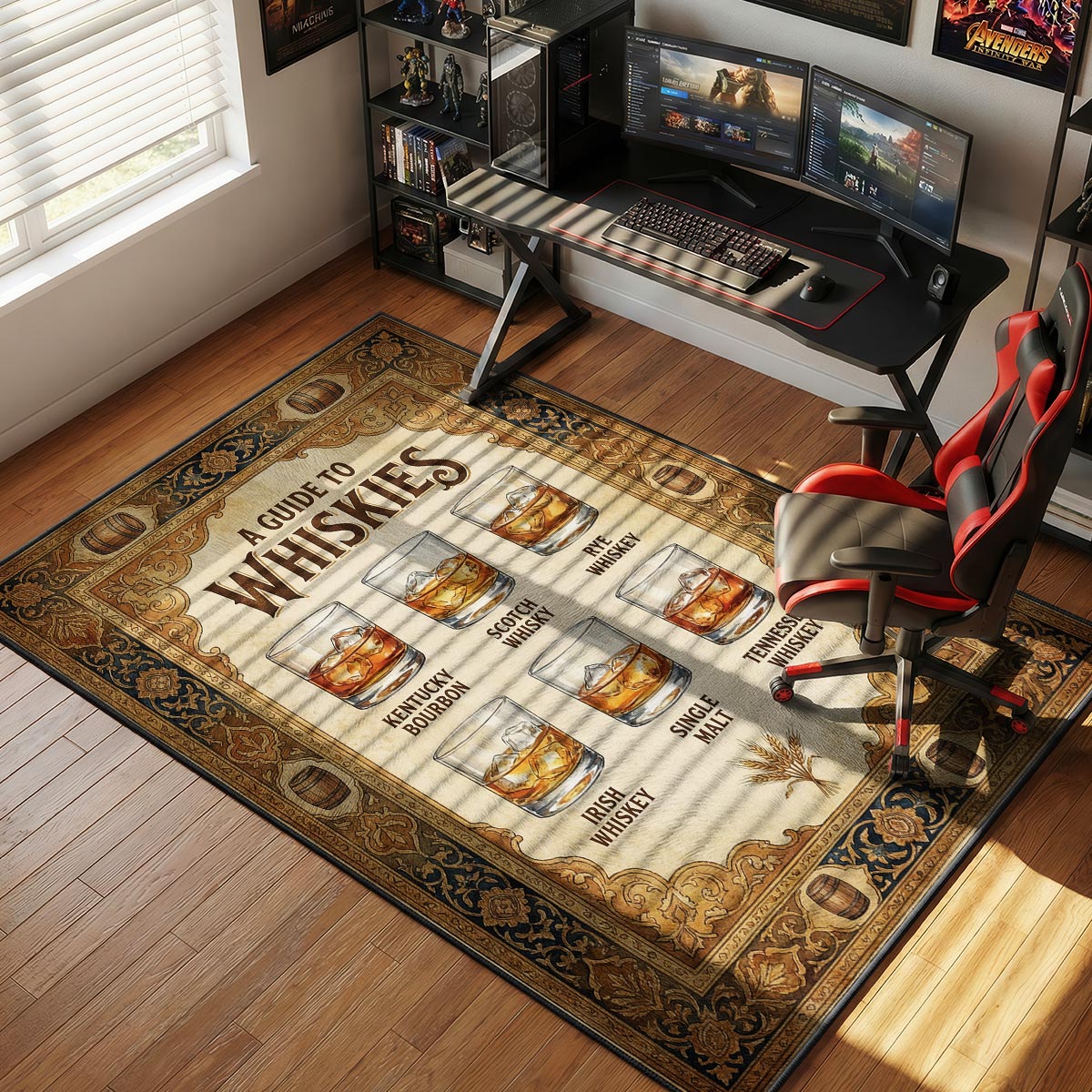 Whiskey guide kitchen rug on dark hardwood floor near a bar cart with crystal decanters
