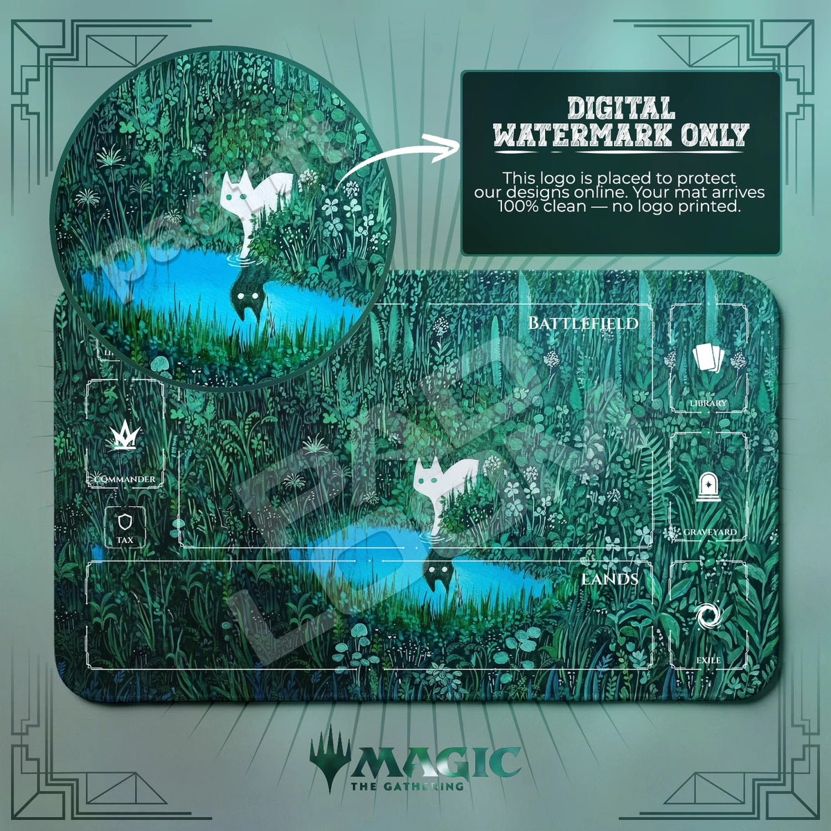 White Cat Pond MTG playmat with zones; the Padloom watermark is digital only, not printed