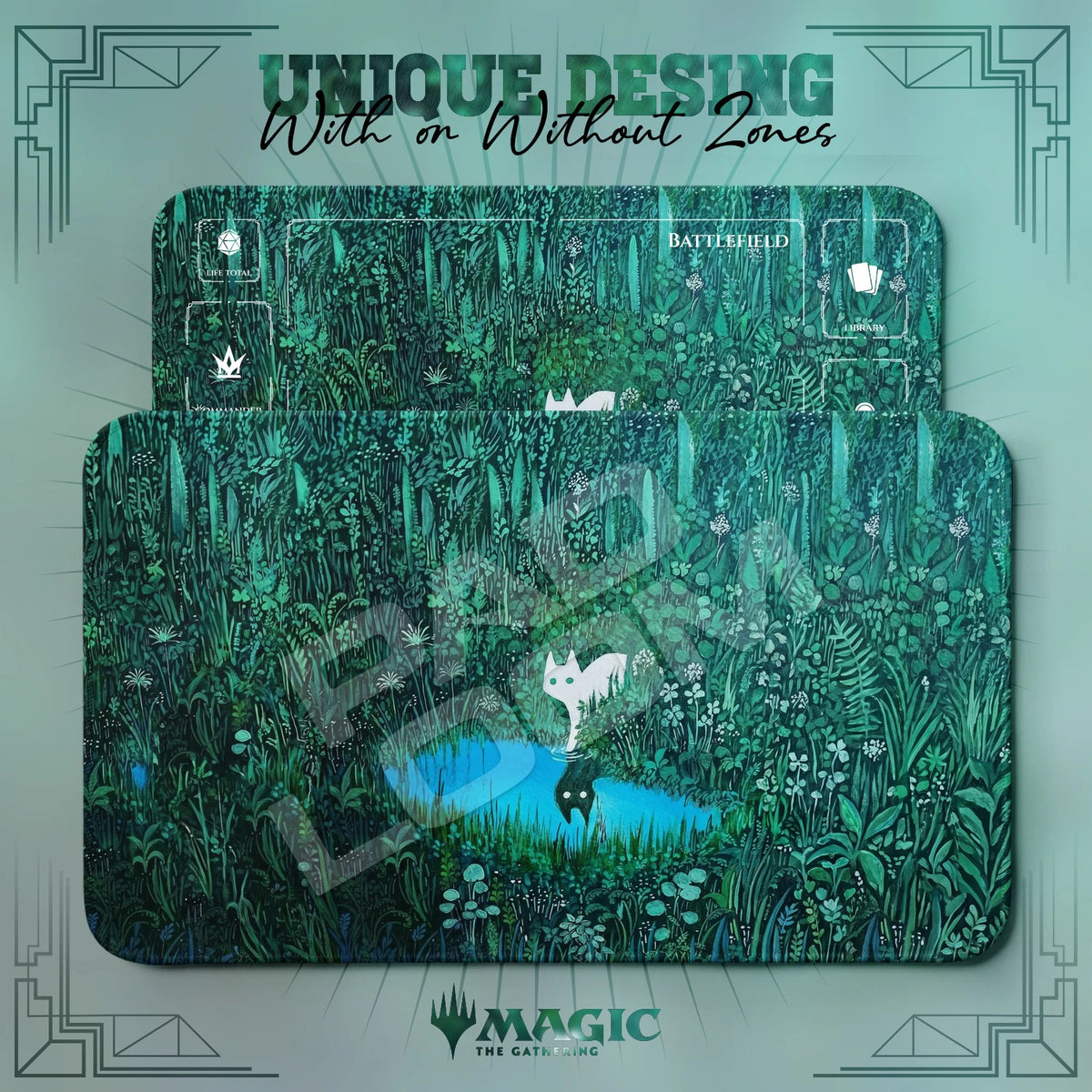 White Cat Pond MTG playmat shown with zones and without zones