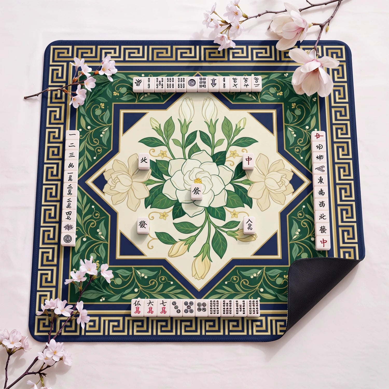 White Gardenia Mahjong Mat - Mah Jongg Table Mat