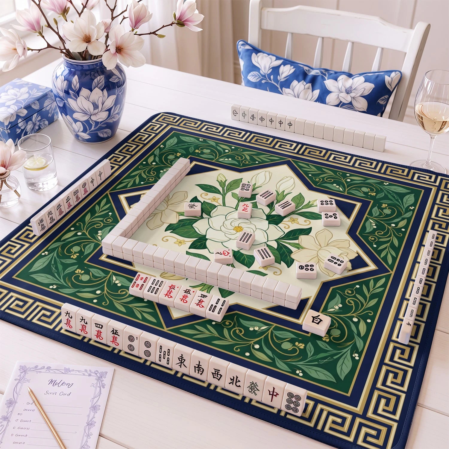 White Gardenia Mahjong Mat - Mah Jongg Table Mat