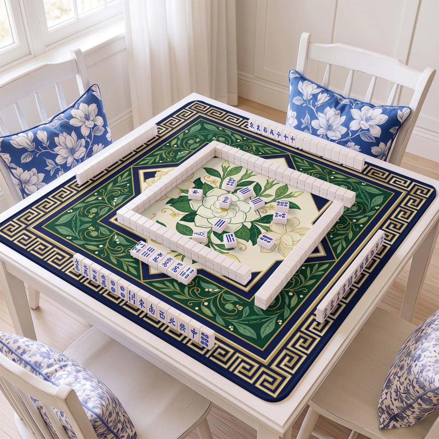 White Gardenia Mahjong Mat - Mah Jongg Table Mat