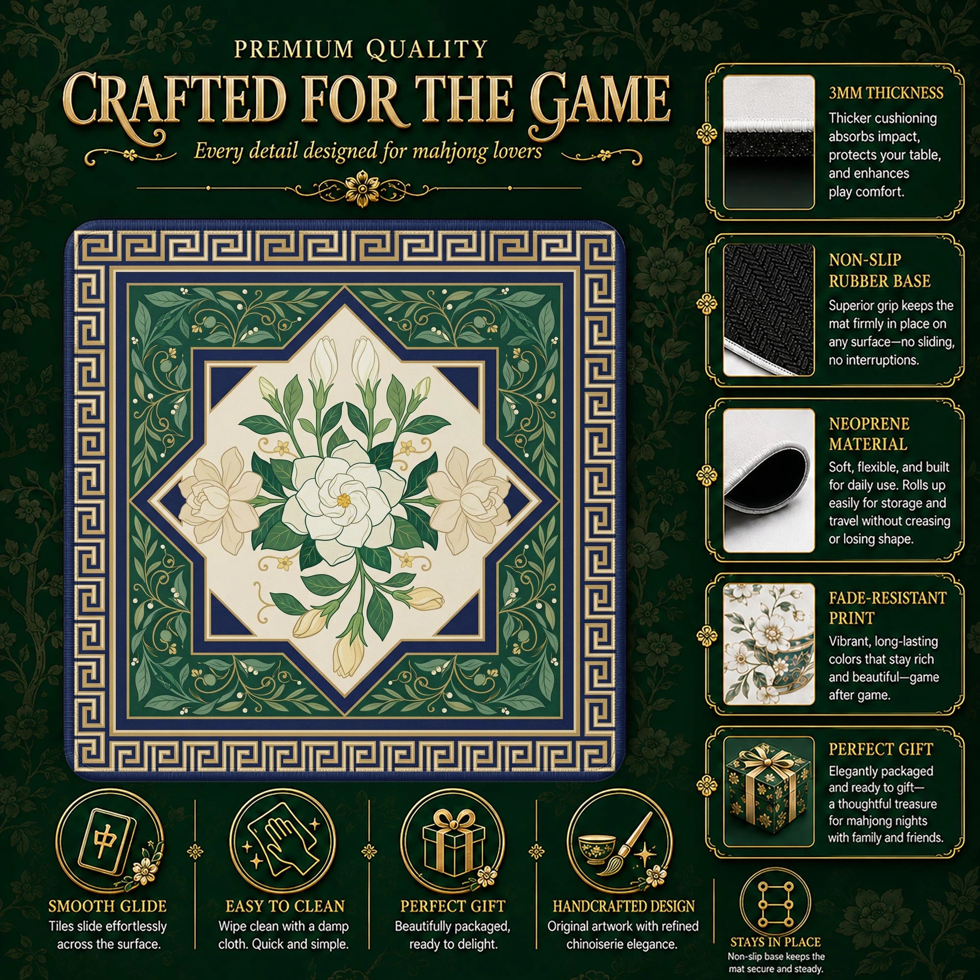 White Gardenia Mahjong Mat - Mah Jongg Table Mat