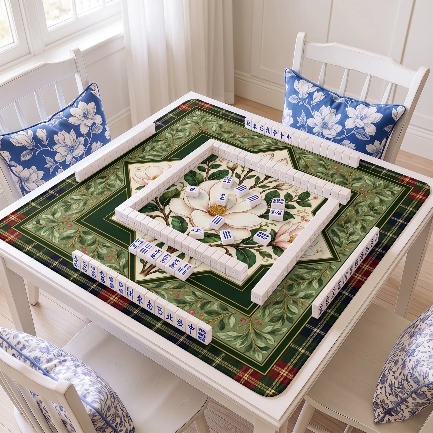 White Magnolia Mahjong Mat – neoprene mah jongg table mat