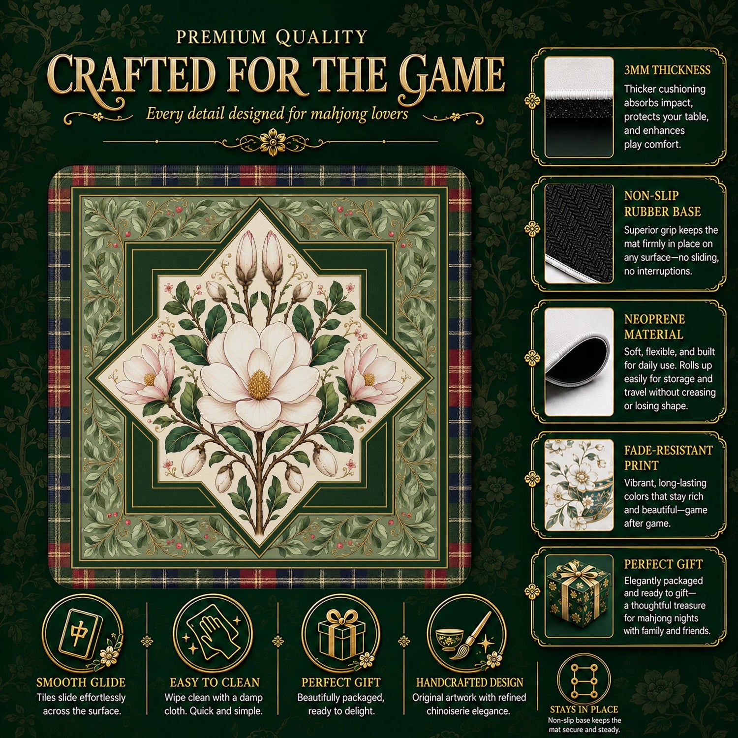 White Magnolia mahjong mat – M (60x60 cm) and L (81x81 cm) sizes