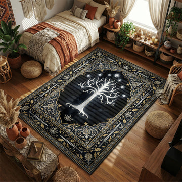 White Tree of Gondor glowing beneath seven stars ornate royal watercolor art style movie themed area rug and home theater mat
