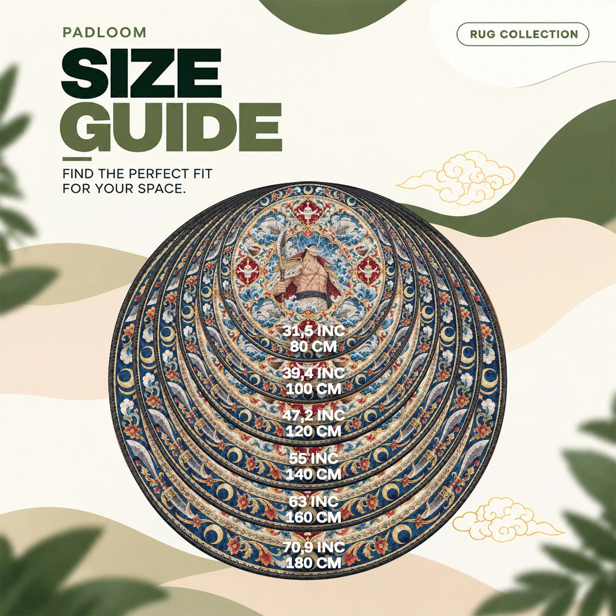 Whitebeard Medallion round rug size guide, 80 to 180 cm (31.5 to 70.9 in)