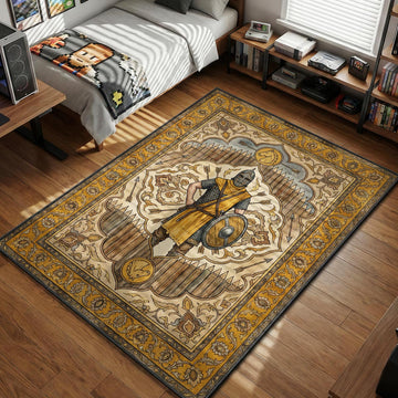 Whiterun guard soldier in yellow armor and shield watercolor art style gaming area rug and floor mat