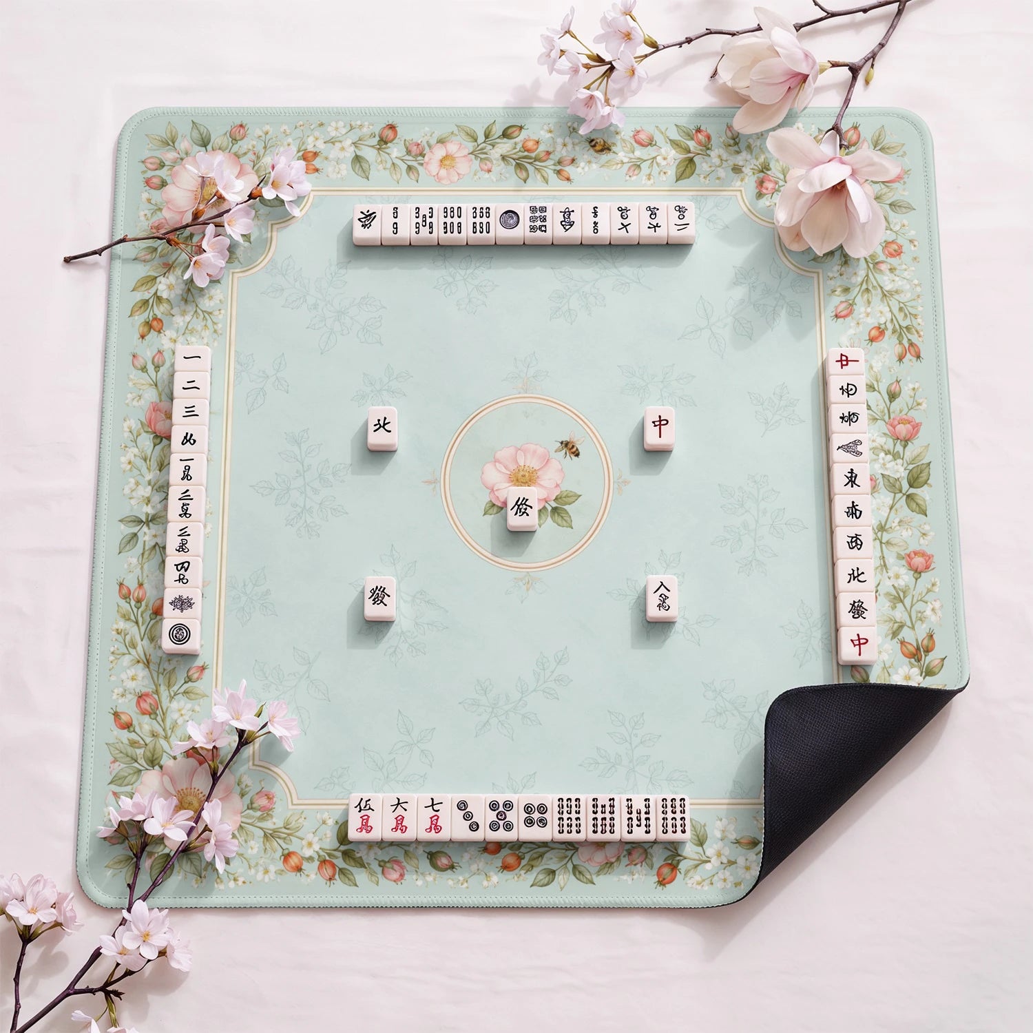 Wild Rose design close-up on mahjong mat surface