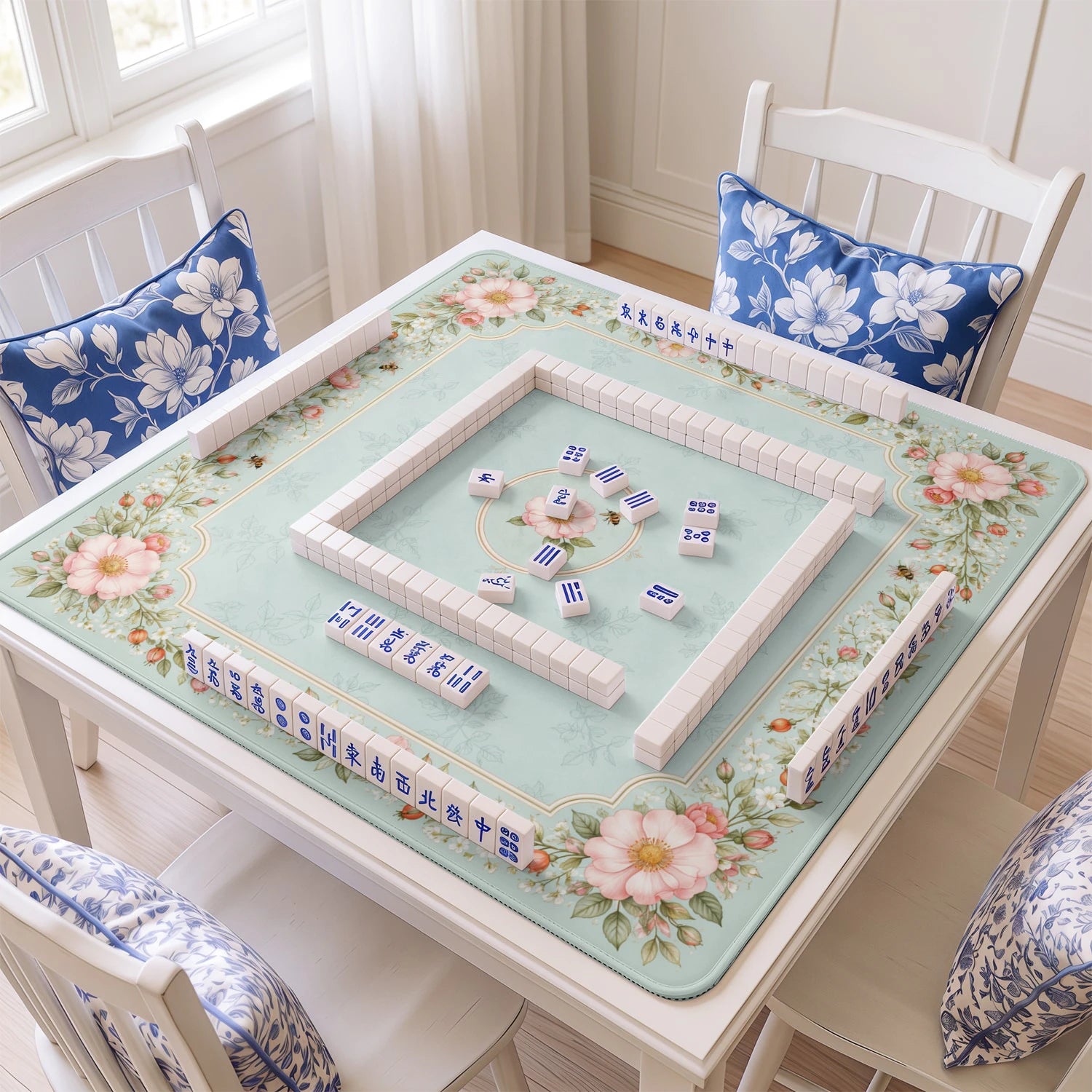 Wild Rose mahjong mat with tiles and racks on the table