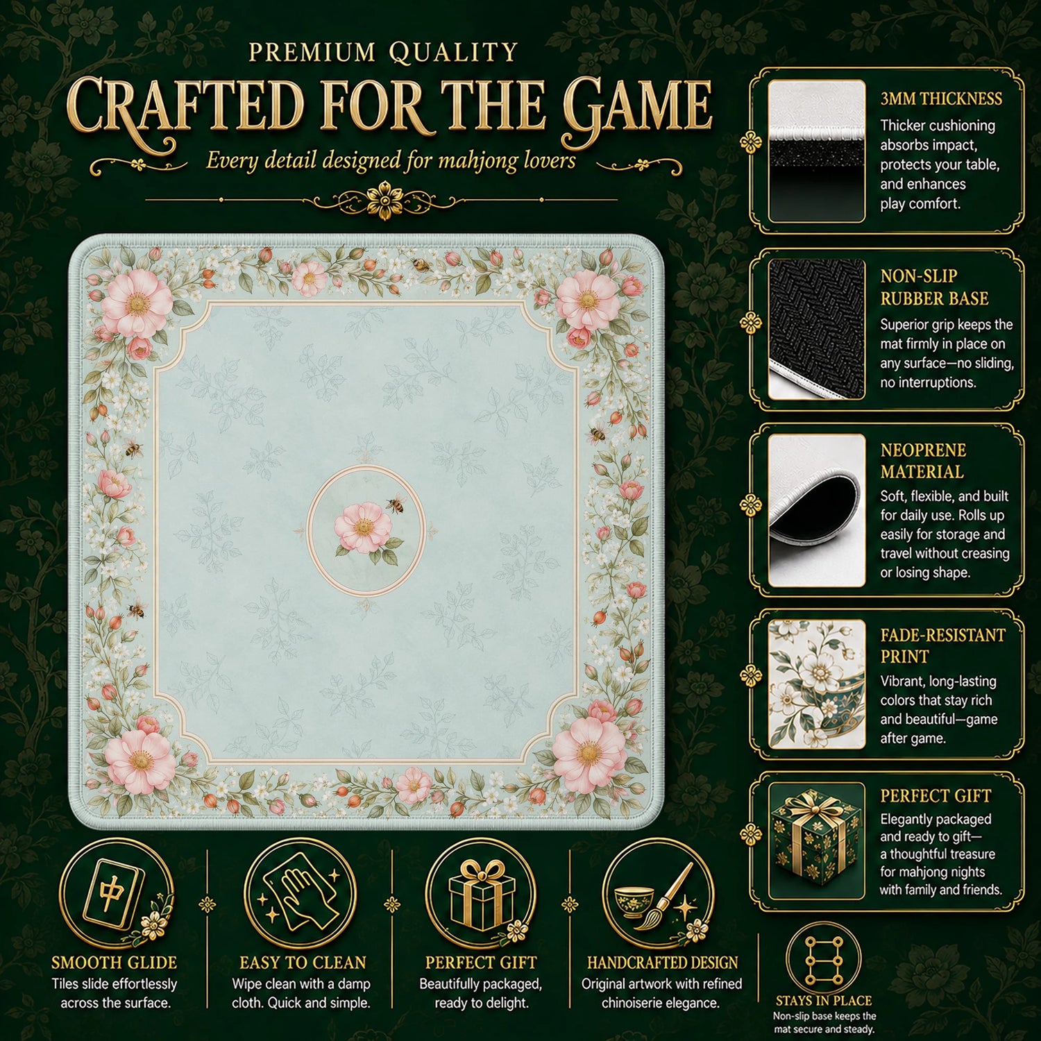 Wild Rose Mahjong Mat – neoprene mah jongg table mat