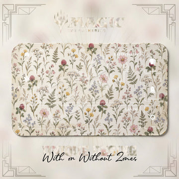 Wildflower Botanical MTG playmat, white and gray art with play zones, 24 x 14 in
