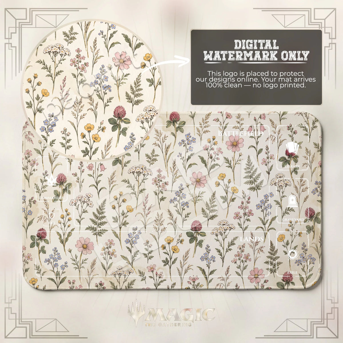 Wildflower Botanical MTG playmat with zones; the Padloom watermark is digital only, not printed