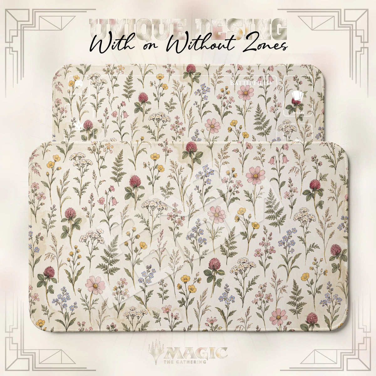 Wildflower Botanical MTG playmat shown with zones and without zones