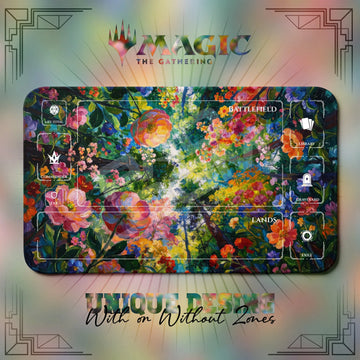 Wildflower Canopy MTG playmat, green art with play zones, 24 x 14 in