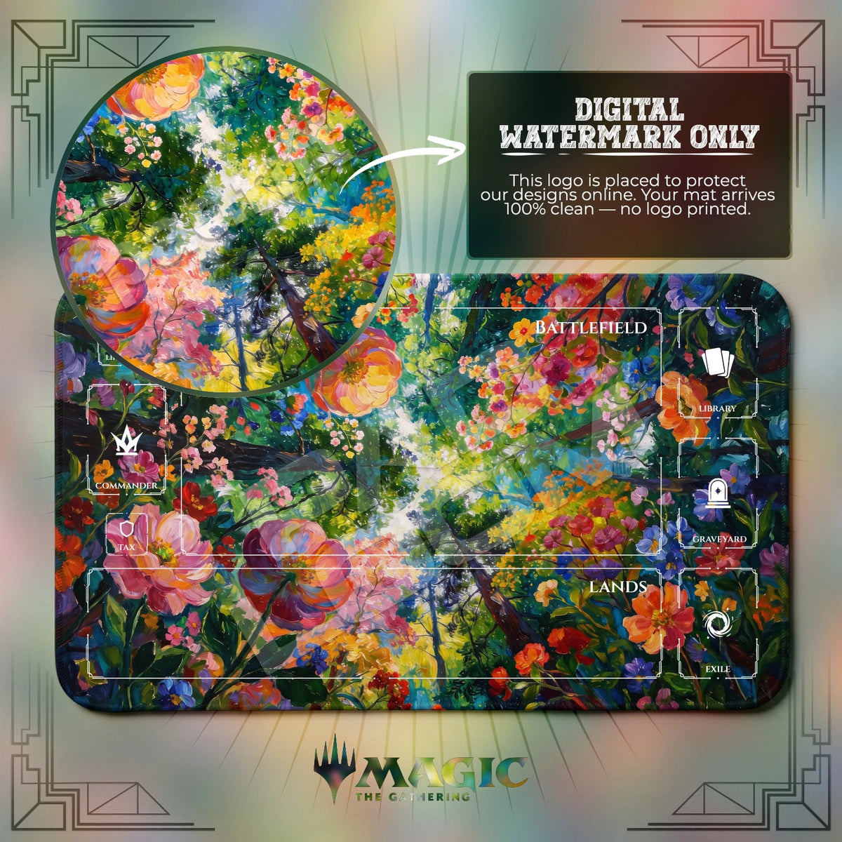 Wildflower Canopy MTG playmat with zones; the Padloom watermark is digital only, not printed