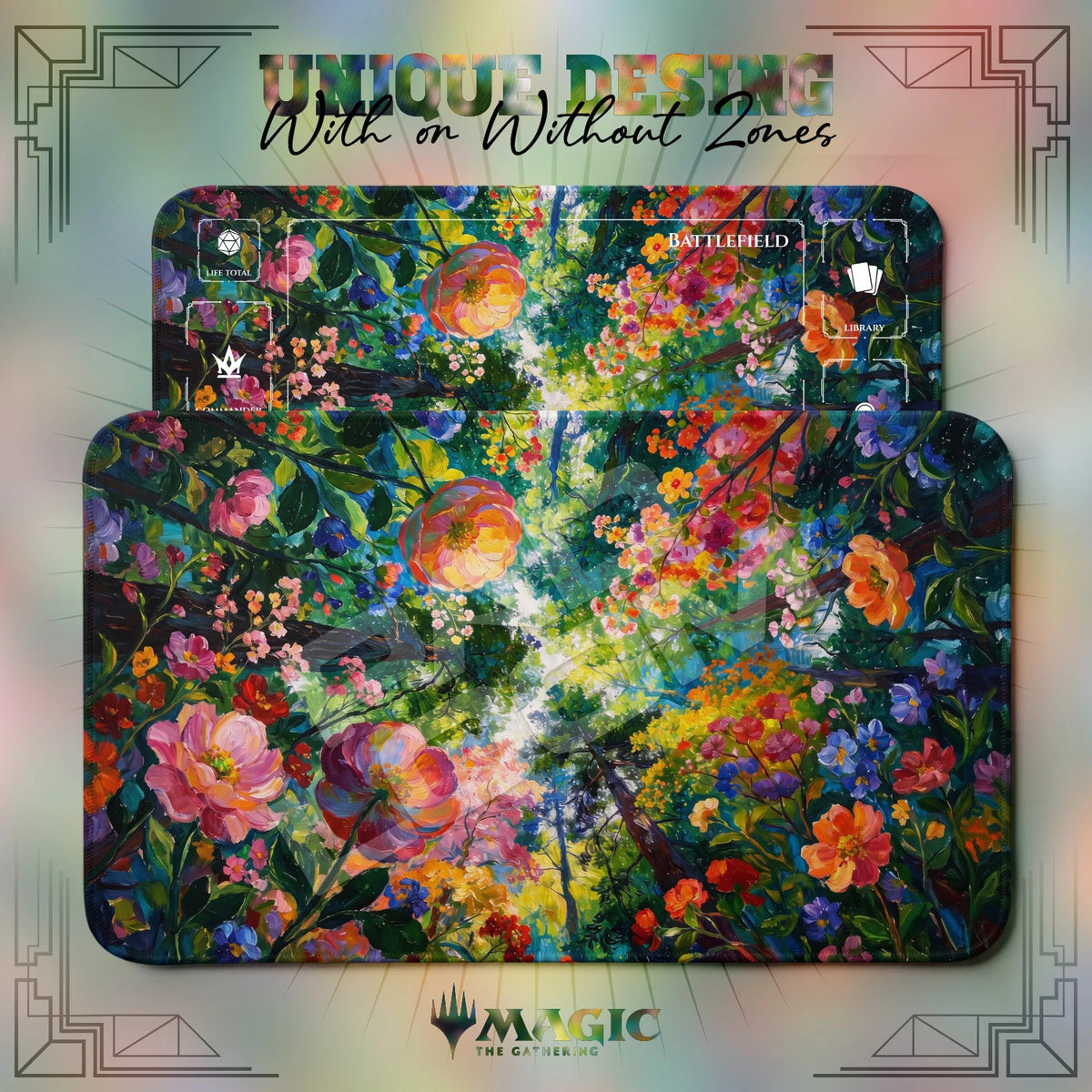 Wildflower Canopy MTG playmat shown with zones and without zones