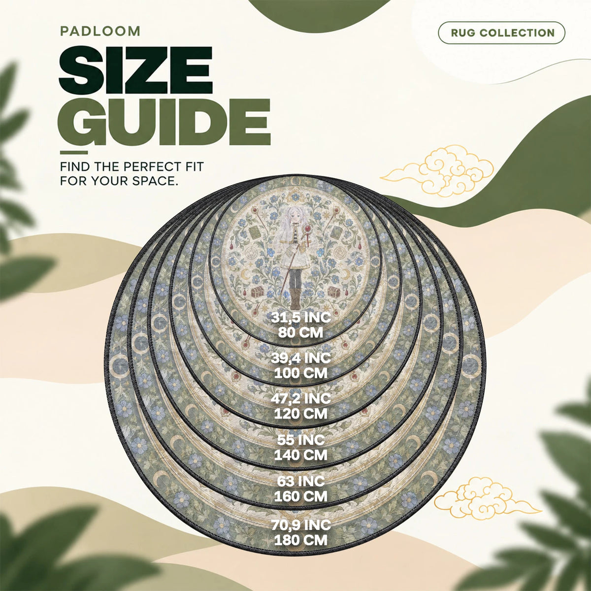 Wildflower Medallion round rug size guide, 80 to 180 cm (31.5 to 70.9 in)