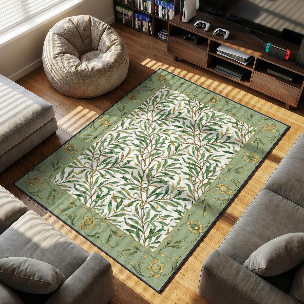 Willow leaf rug placed in a bright Scandinavian bedroom with white bedding and light wood floor