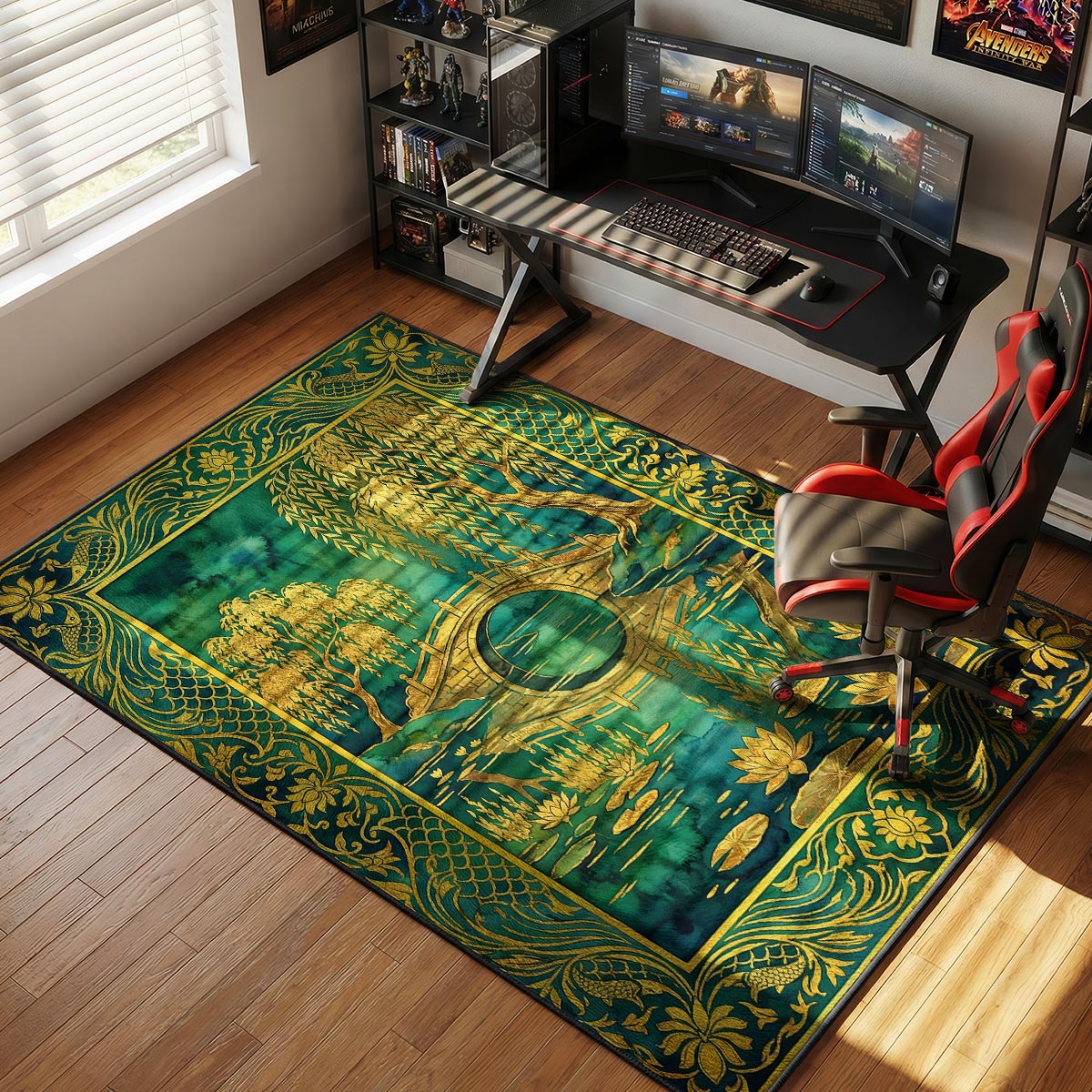 Willow bridge rug placed in a dining room with brass pendant light and cream upholstered chairs