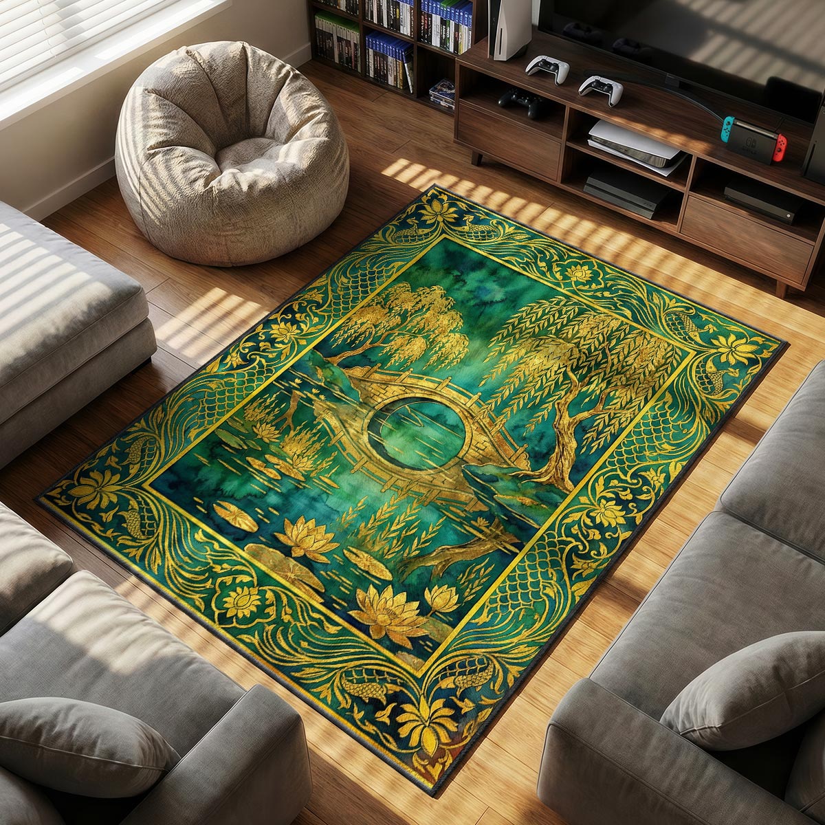 Close-up of willow bridge rug showing gold stone arch reflection and fish-scale border on velvet