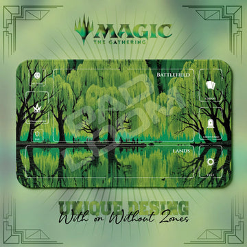 Willow Lake MTG playmat, green art with play zones, 24 x 14 in