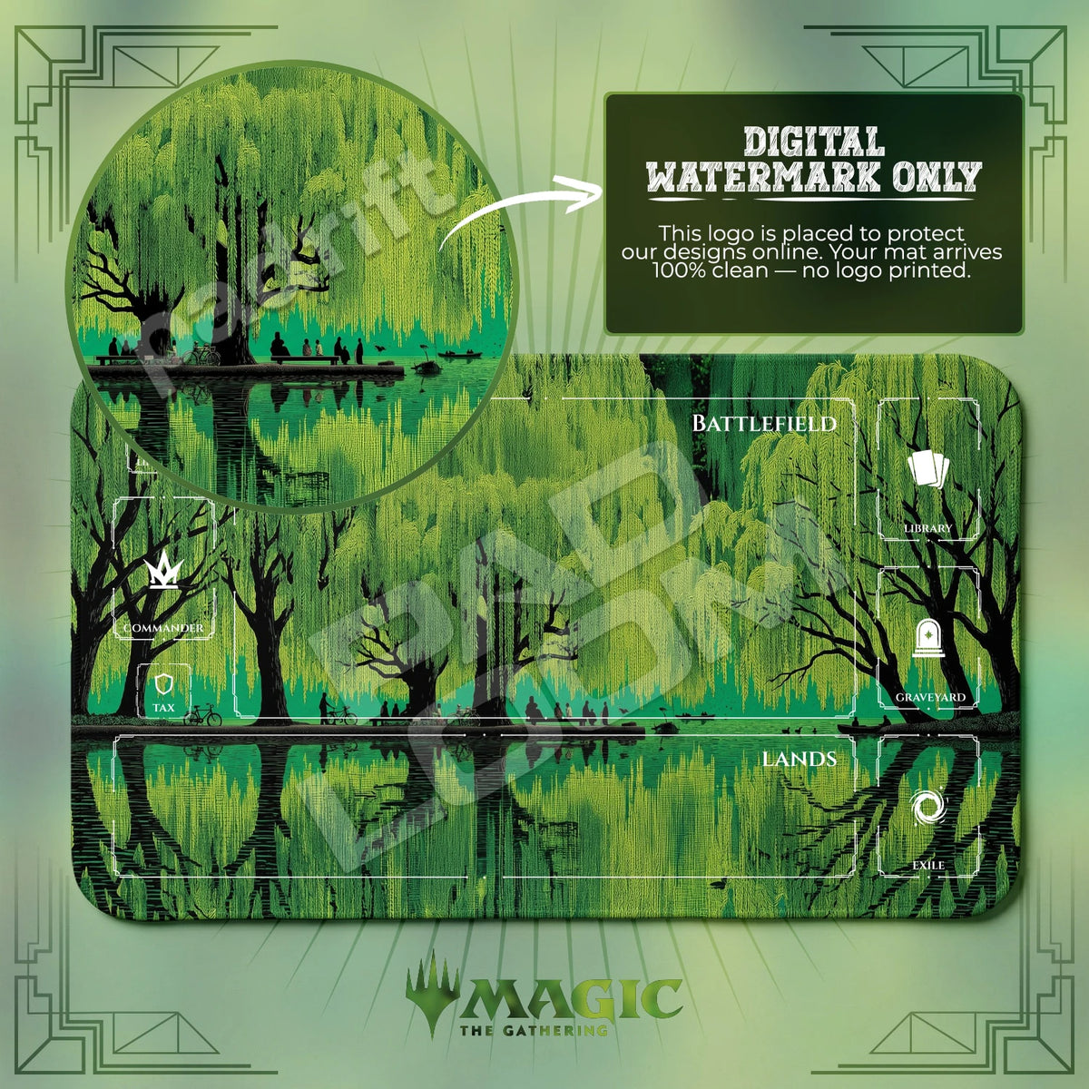 Willow Lake MTG playmat with zones; the Padloom watermark is digital only, not printed