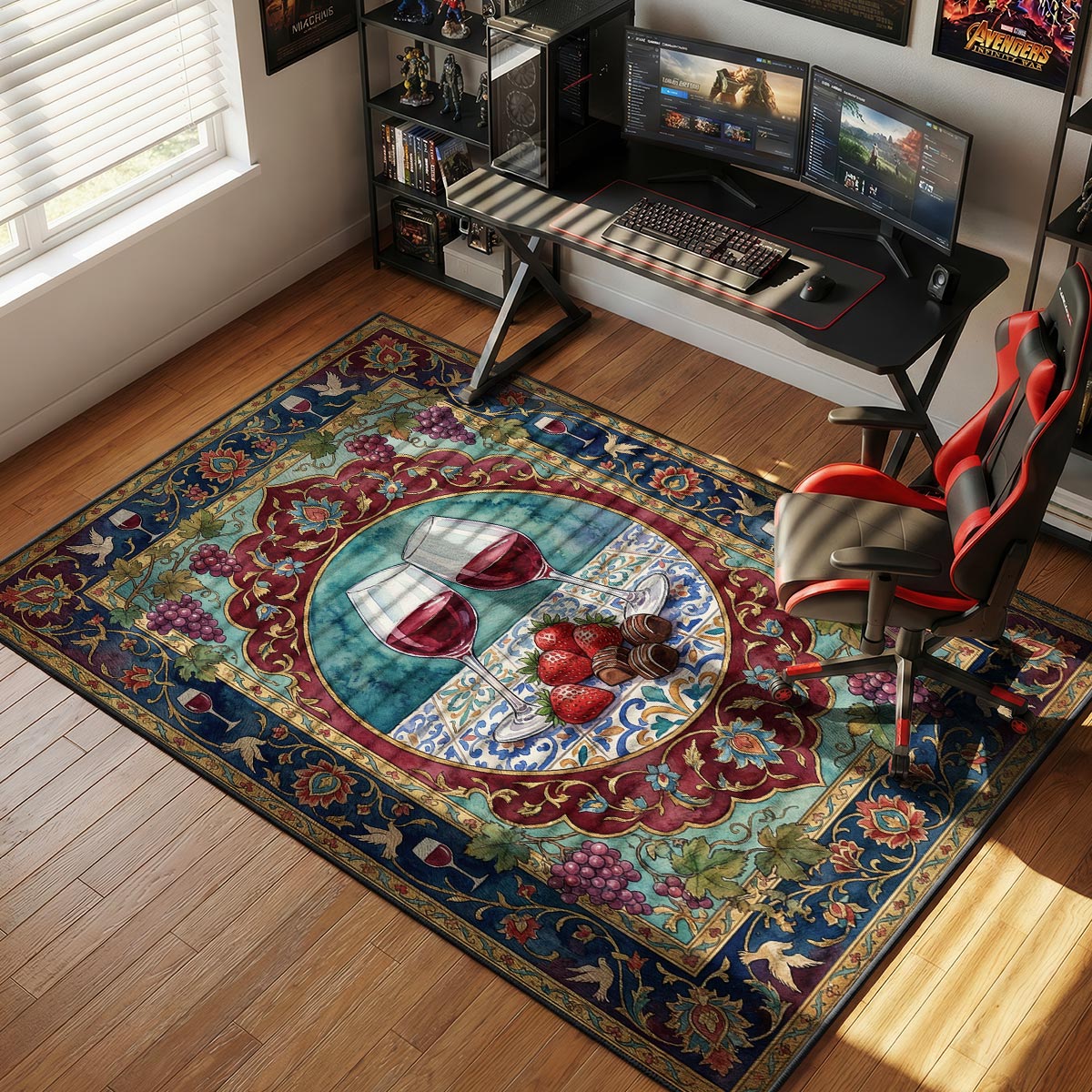 Wine strawberry rug placed in a candlelit dining room with dark wood table and wine glasses