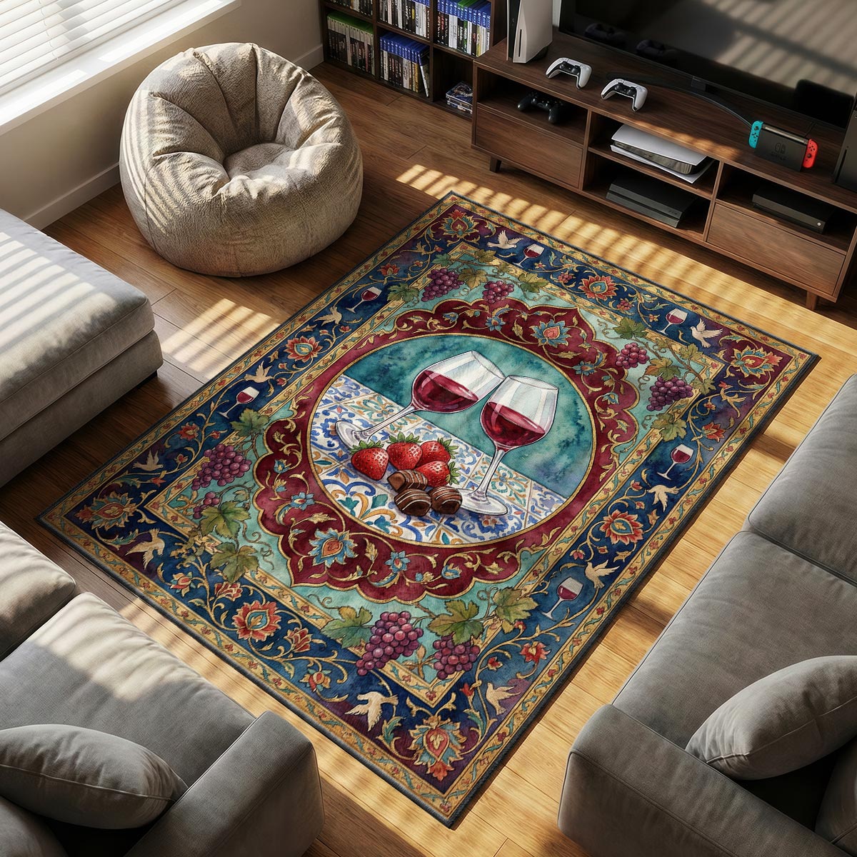 Detail of wine toast rug showing strawberry and chocolate texture on dye-sublimation velvet