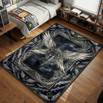Wing Gundam Zero Custom from Endless Waltz illustration in a watercolor tarot card style, featuring large angel wings, falling feathers, and ornate borders on a rectangular area rug.