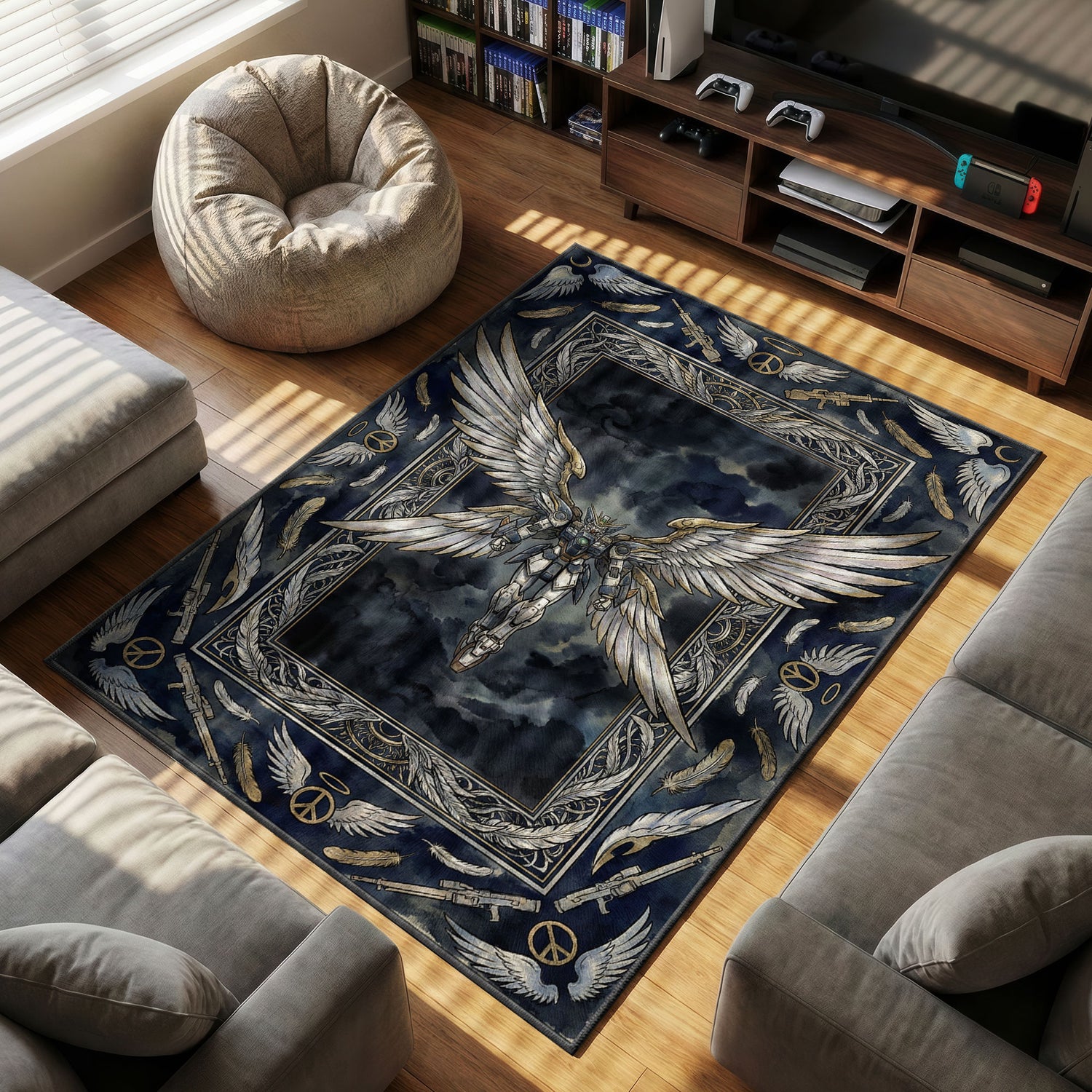 Wing Zero themed area rug for home decor fans