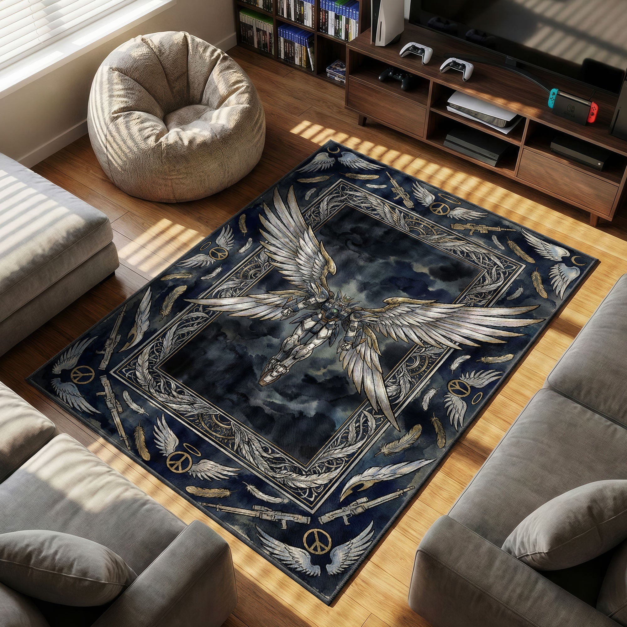 Wing Zero themed area rug for home decor fans