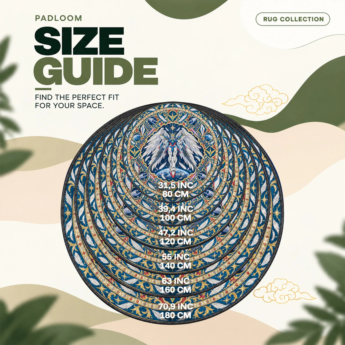Wing Zero Feathered round rug size guide, 80 to 180 cm (31.5 to 70.9 in)