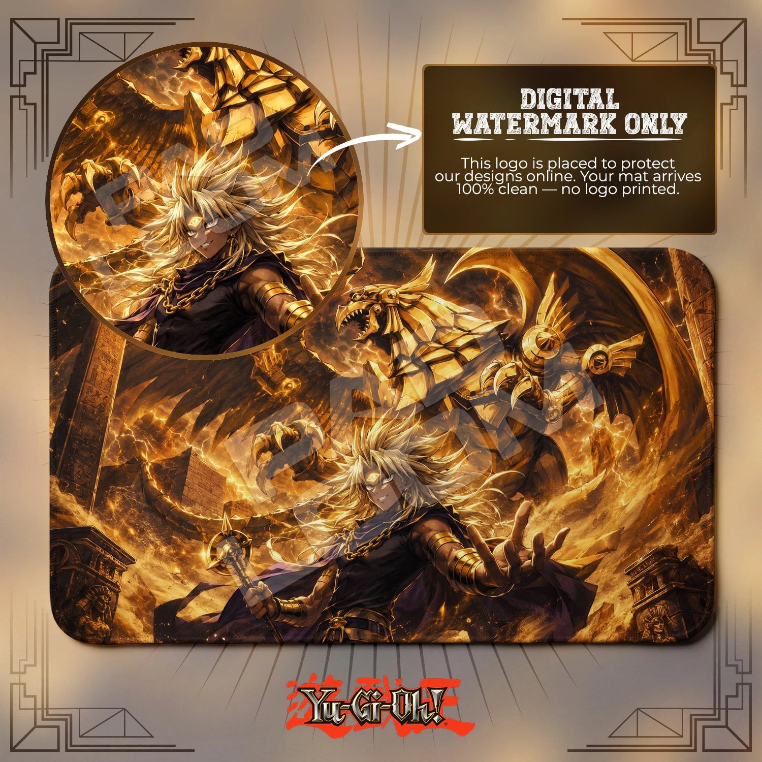 Winged Dragon of Ra Immortal artwork close-up on Yugioh playmat
