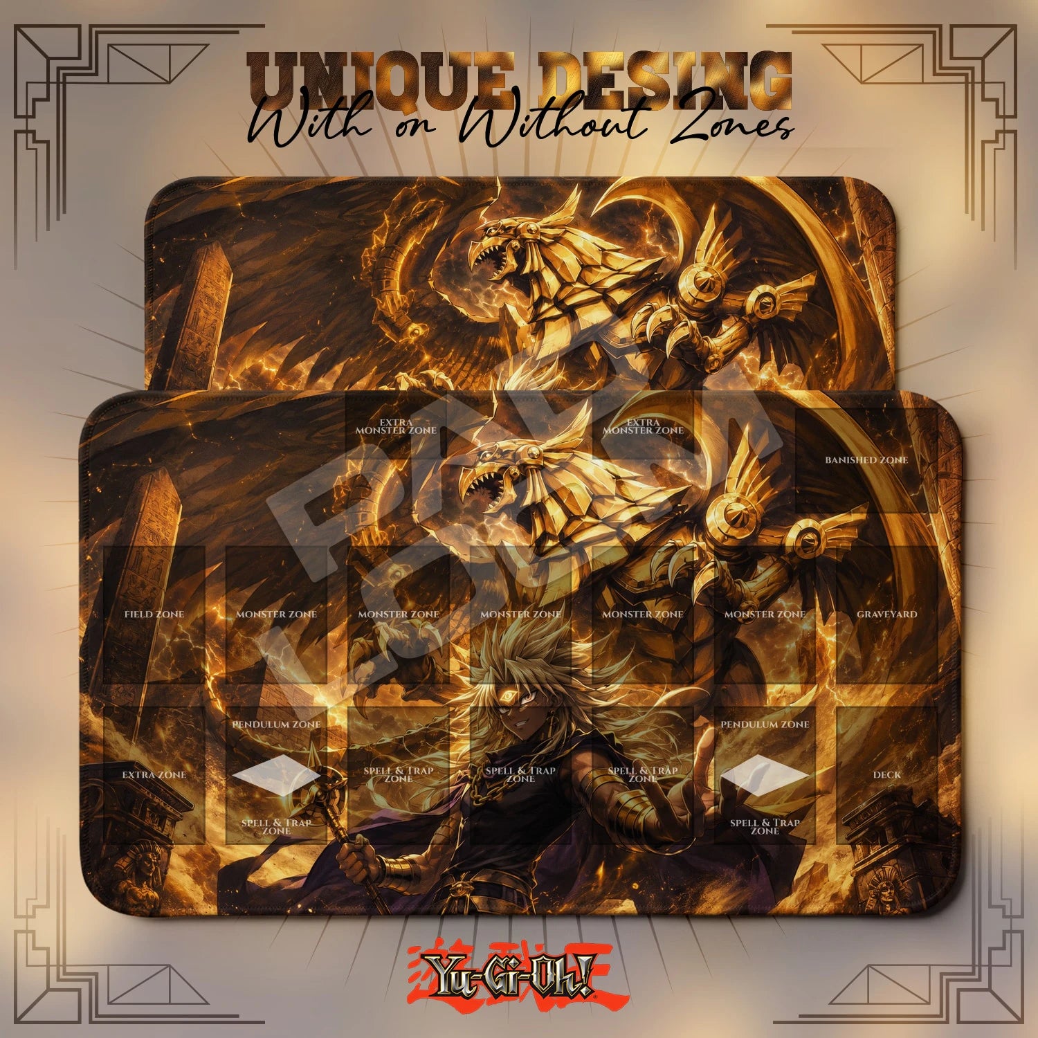Winged Dragon of Ra Immortal Playmat – With Zones and Without Zones layouts compared