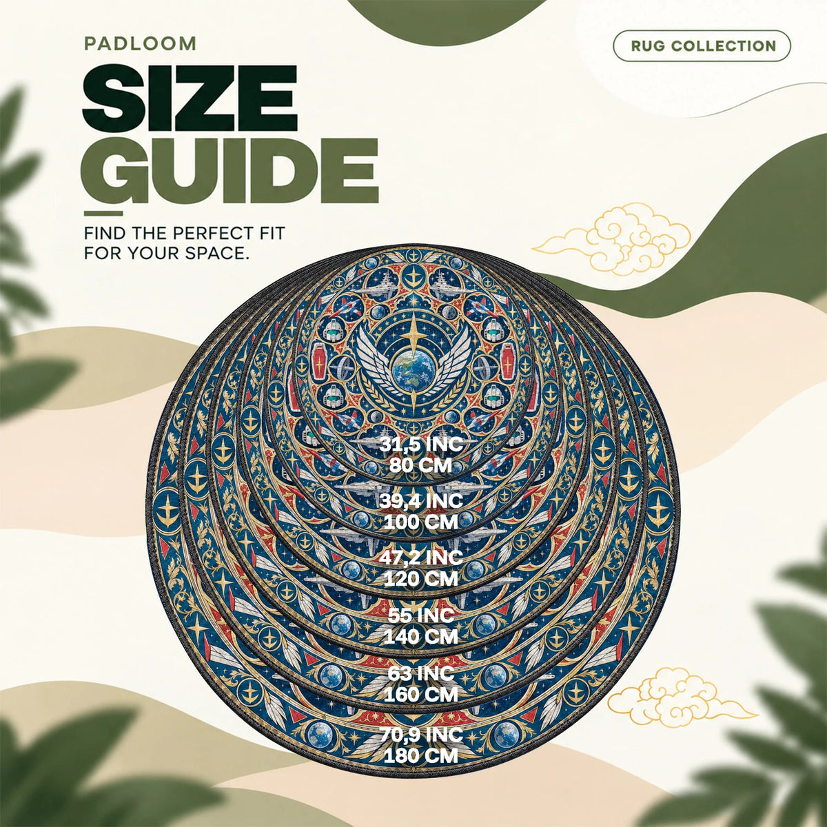 Winged Earth round rug size guide, 80 to 180 cm (31.5 to 70.9 in)