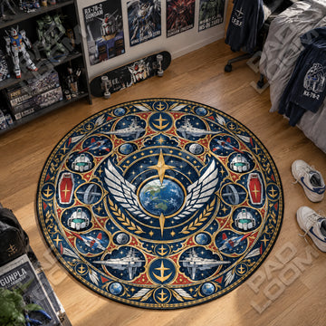 Winged Earth Gundam round rug on a bedroom floor - Gundam chair mat