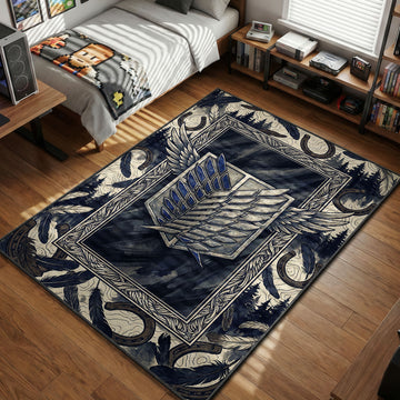 Detailed Attack on Titan rug design featuring the Survey Corps Wings of Freedom crest in blue and silver, bordered by horseshoes and floating feathers against a dark pine forest background.