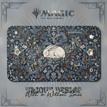 Winter Hare Tapestry MTG playmat, gray and navy art with play zones, 24 x 14 in