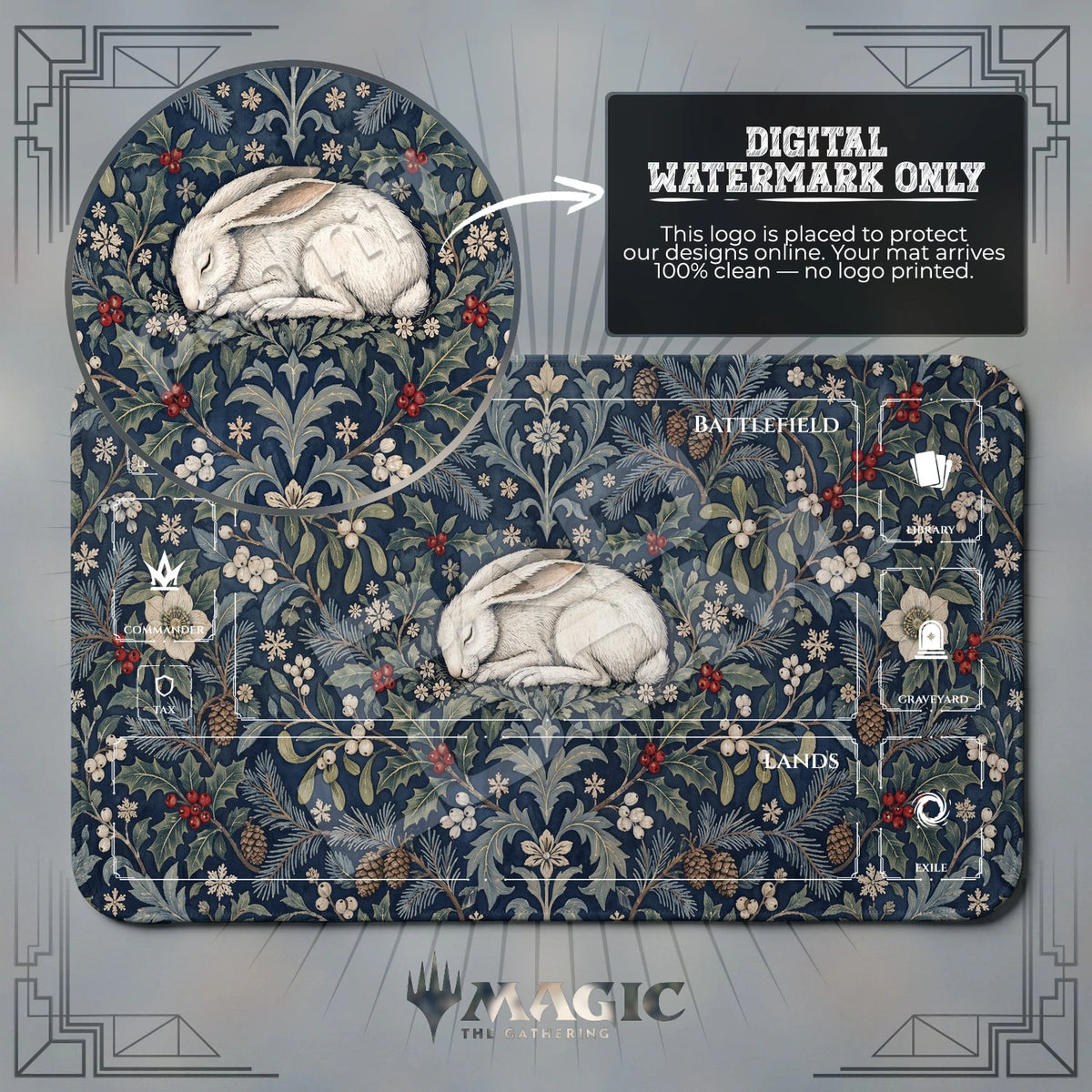 Winter Hare Tapestry MTG playmat with zones; the Padloom watermark is digital only, not printed
