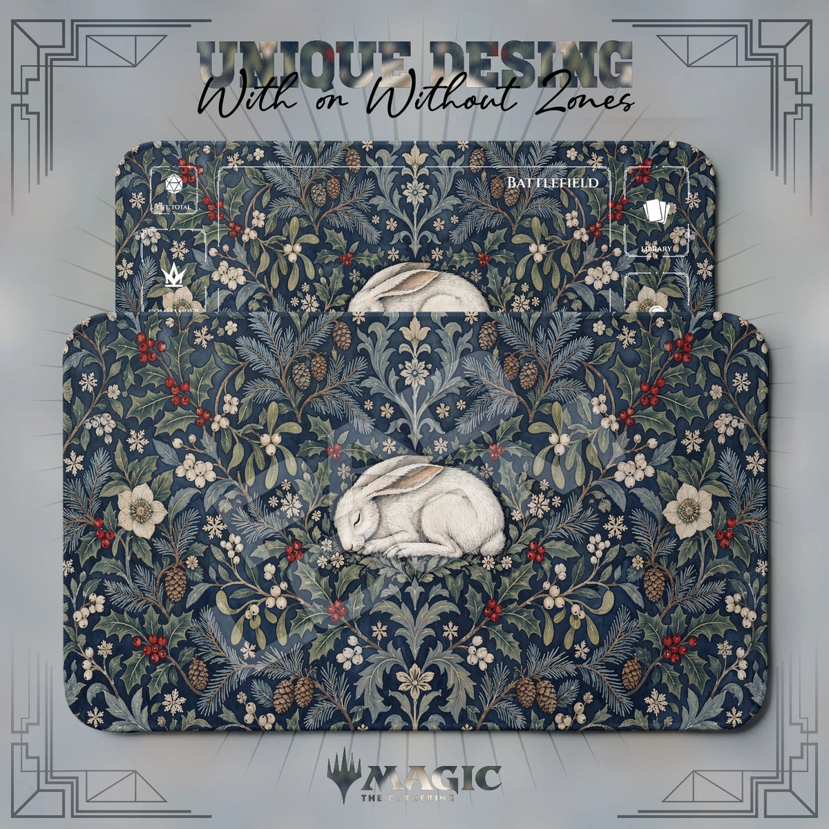 Winter Hare Tapestry MTG playmat shown with zones and without zones