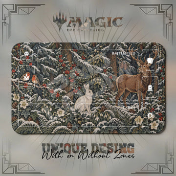Winter Stag Holly MTG playmat, gray and brown art with play zones, 24 x 14 in