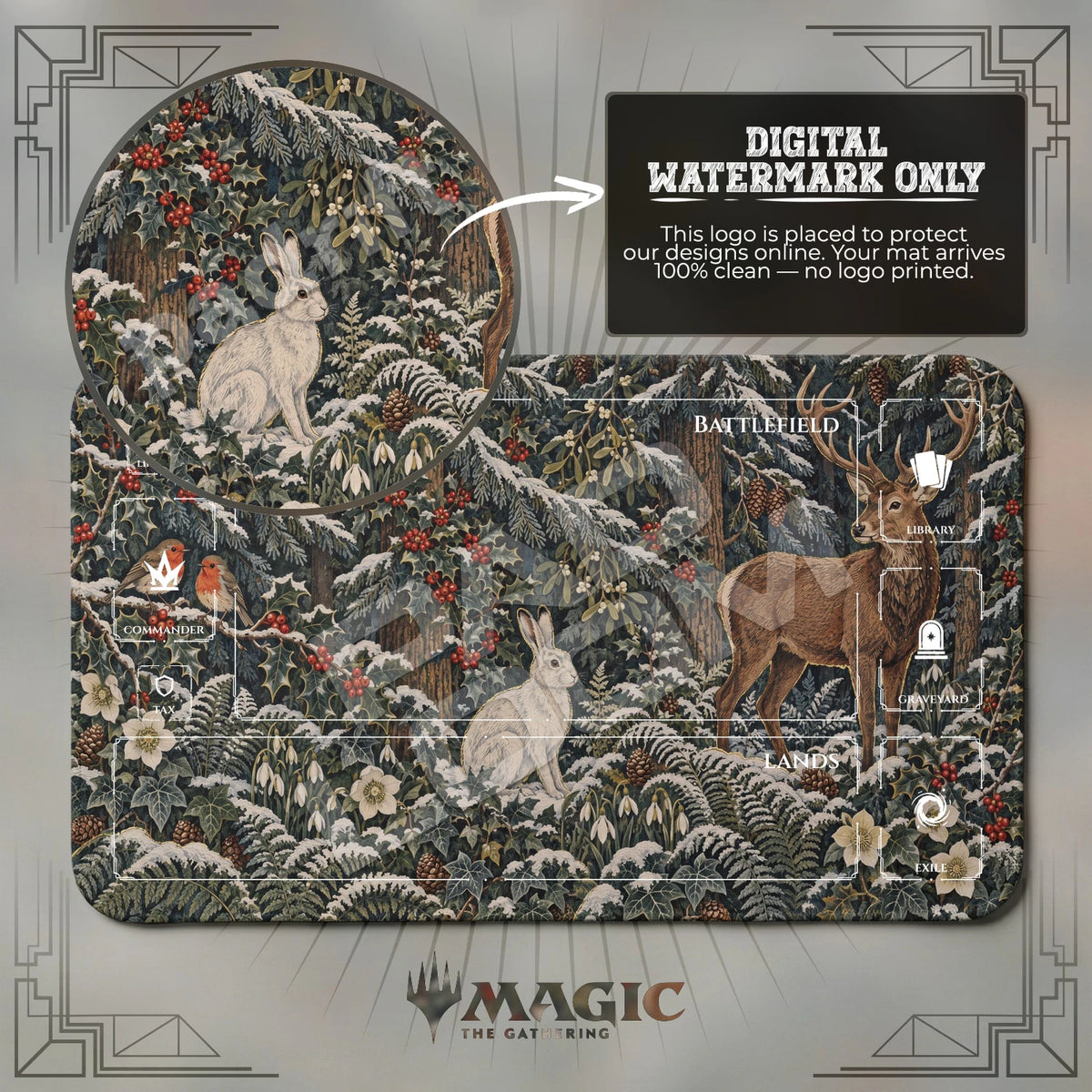Winter Stag Holly MTG playmat with zones; the Padloom watermark is digital only, not printed