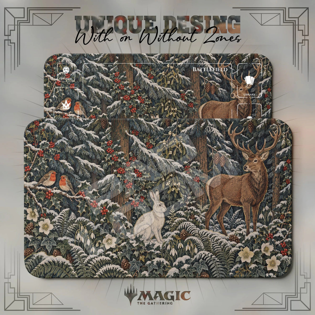 Winter Stag Holly MTG playmat shown with zones and without zones