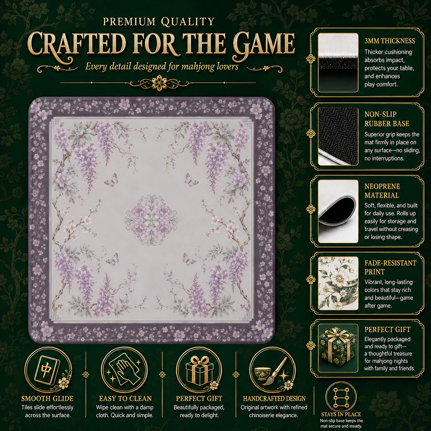 Wisteria Grey Mahjong Mat – neoprene mah jongg table mat