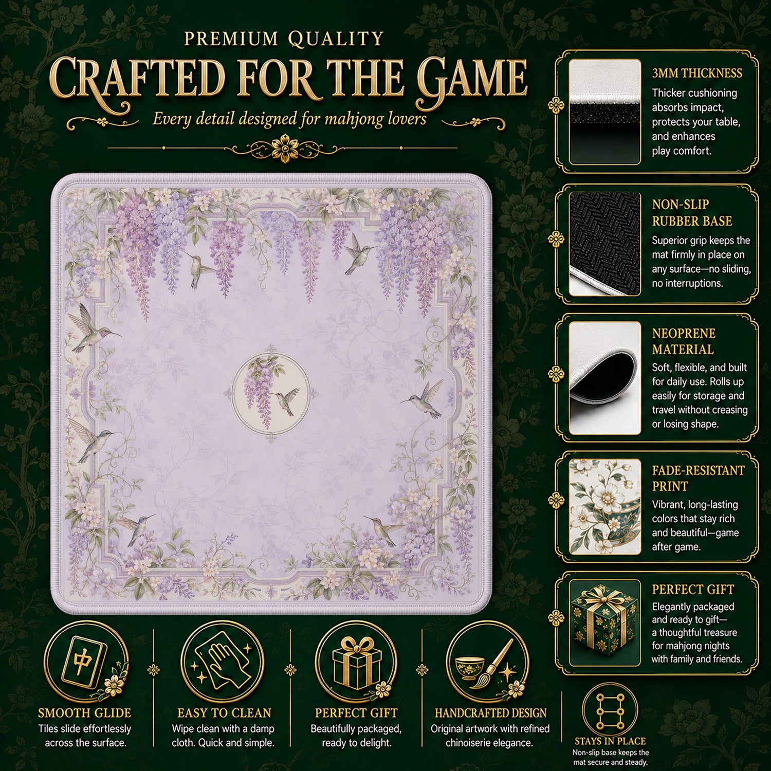 Wisteria Hummingbird Mahjong Mat – neoprene mah jongg table mat
