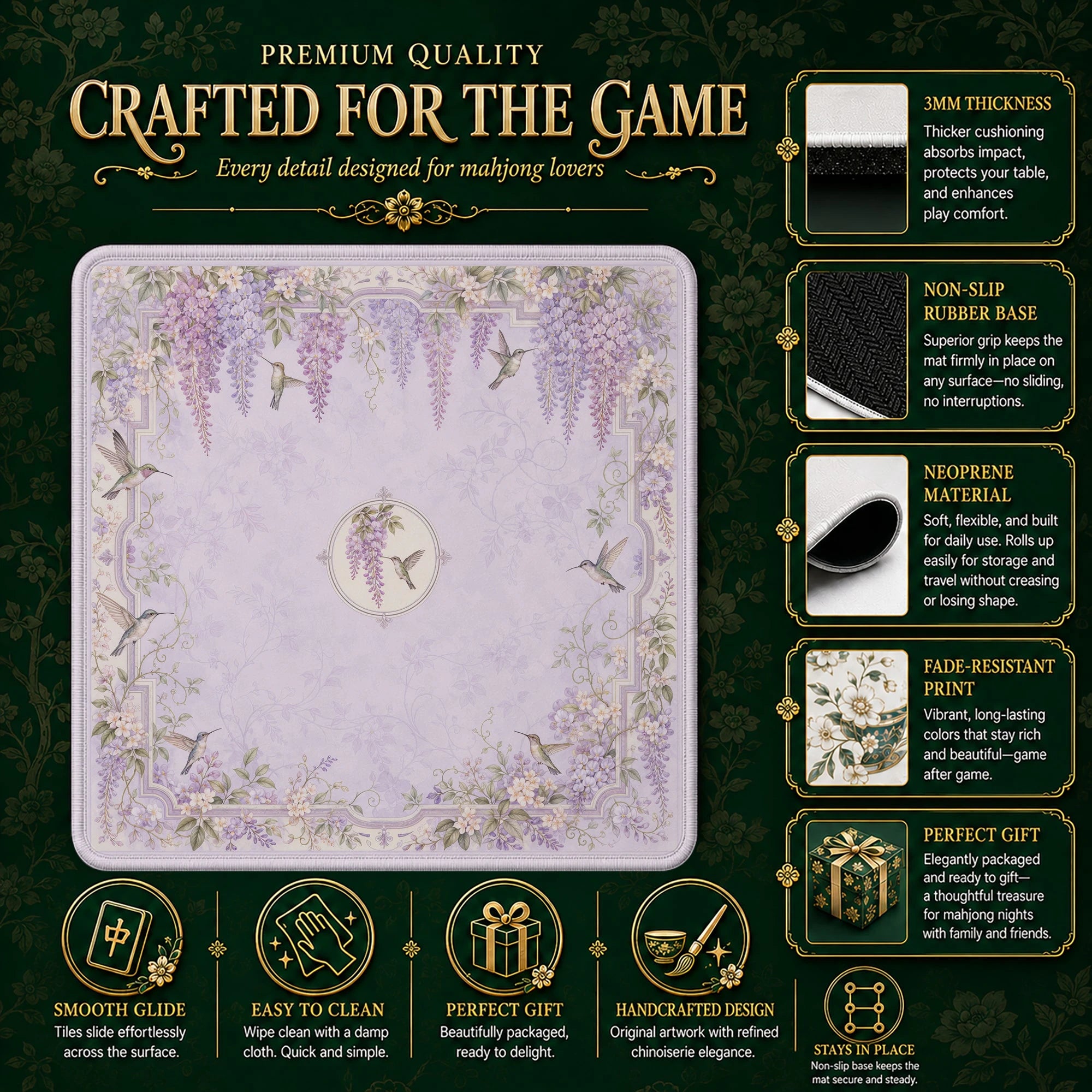 Wisteria Hummingbird Mahjong Mat – neoprene mah jongg table mat