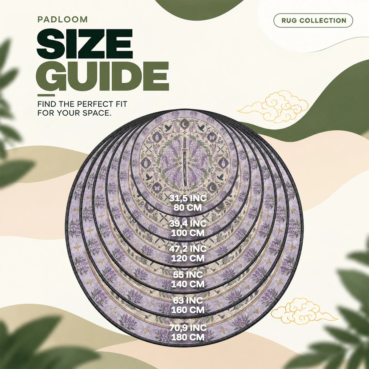 Wisteria Katana round rug size guide, 80 to 180 cm (31.5 to 70.9 in)