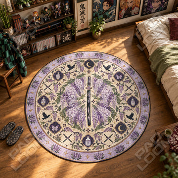 Wisteria Katana Demon Slayer round rug on a bedroom floor - Demon Slayer chair mat