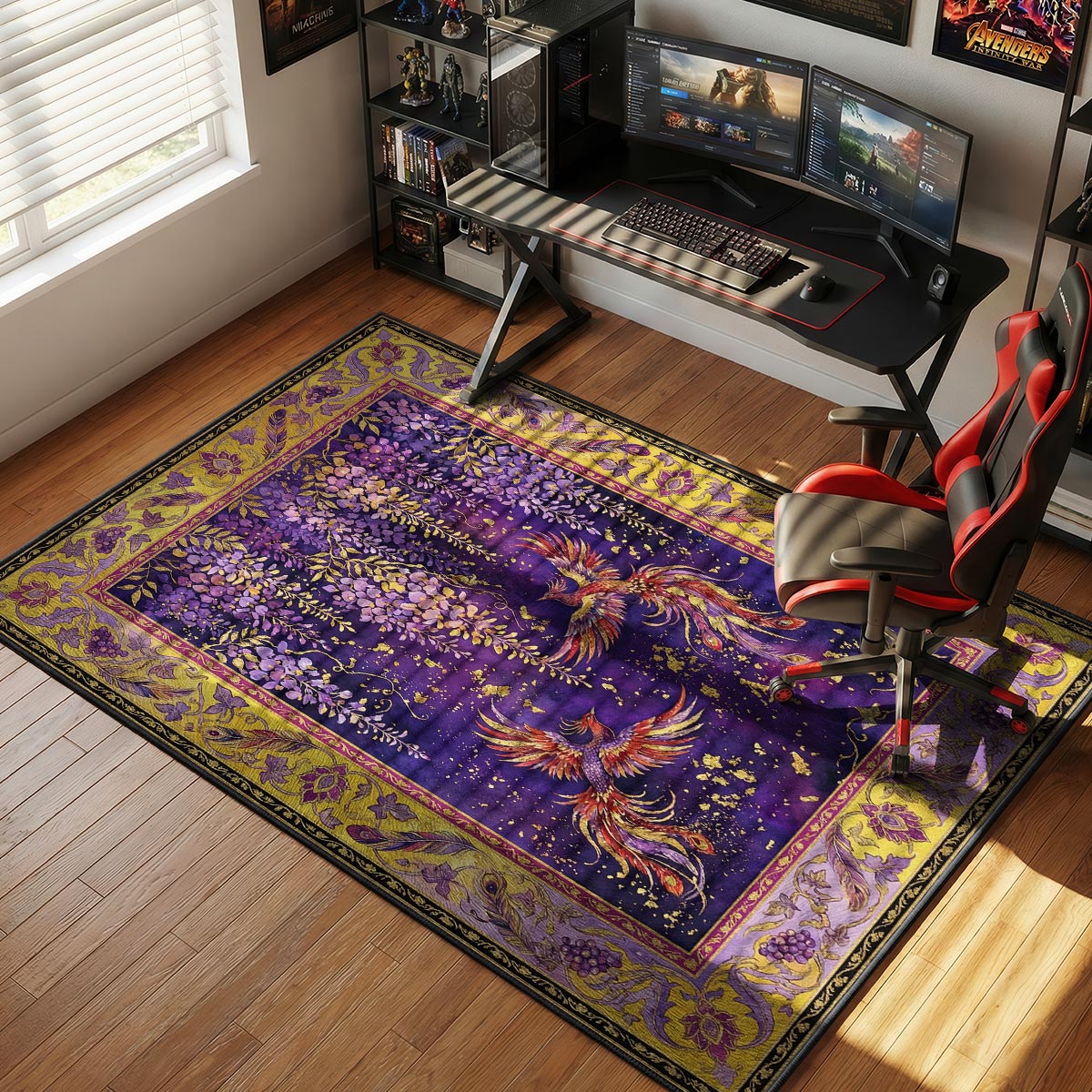 Fantasy phoenix rug displayed in a living room with dark walls and warm pendant lighting